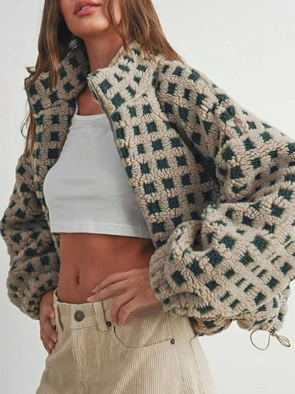 Women's Oversized Checkered Sherpa Fleece Jacket