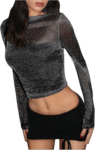 Sexy Sheer Mesh Long Sleeve Crop Top Metallic