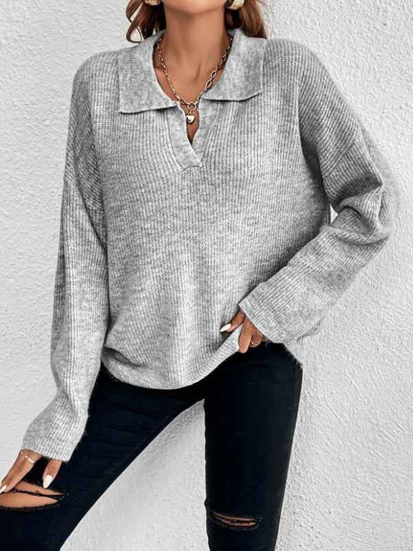 Women's Polo Collar Ribbed Knit Pullover Sweater