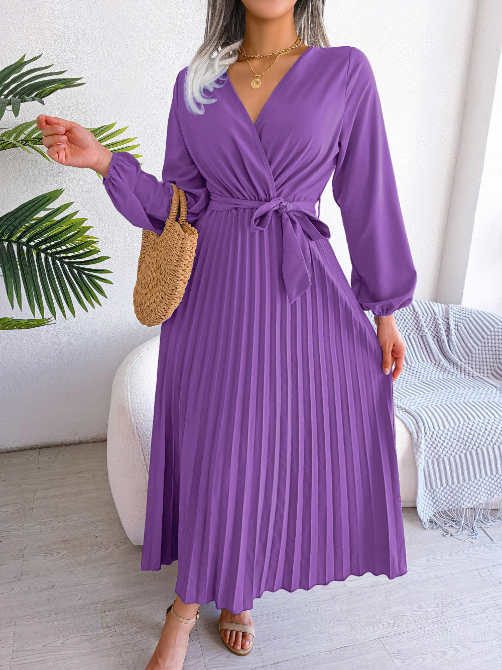 V-Neck Wrap Pleated Maxi Dress Long Sleeve Tie Waist