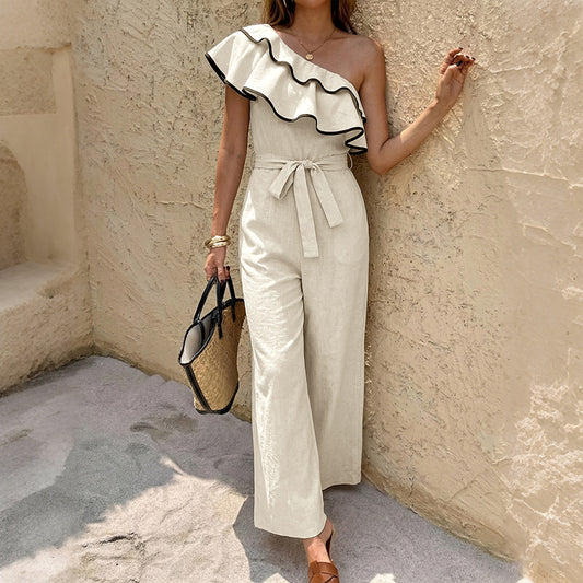 Women One Shoulder Ruffle Jumpsuit Wide Leg High Waist Tie Waist