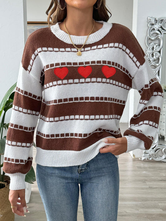 Colorblock Striped Sweater | Embroidered Heart Patch Design