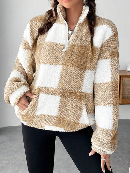 Womens Checkered Sherpa Quarter Zip Fleece Pullover