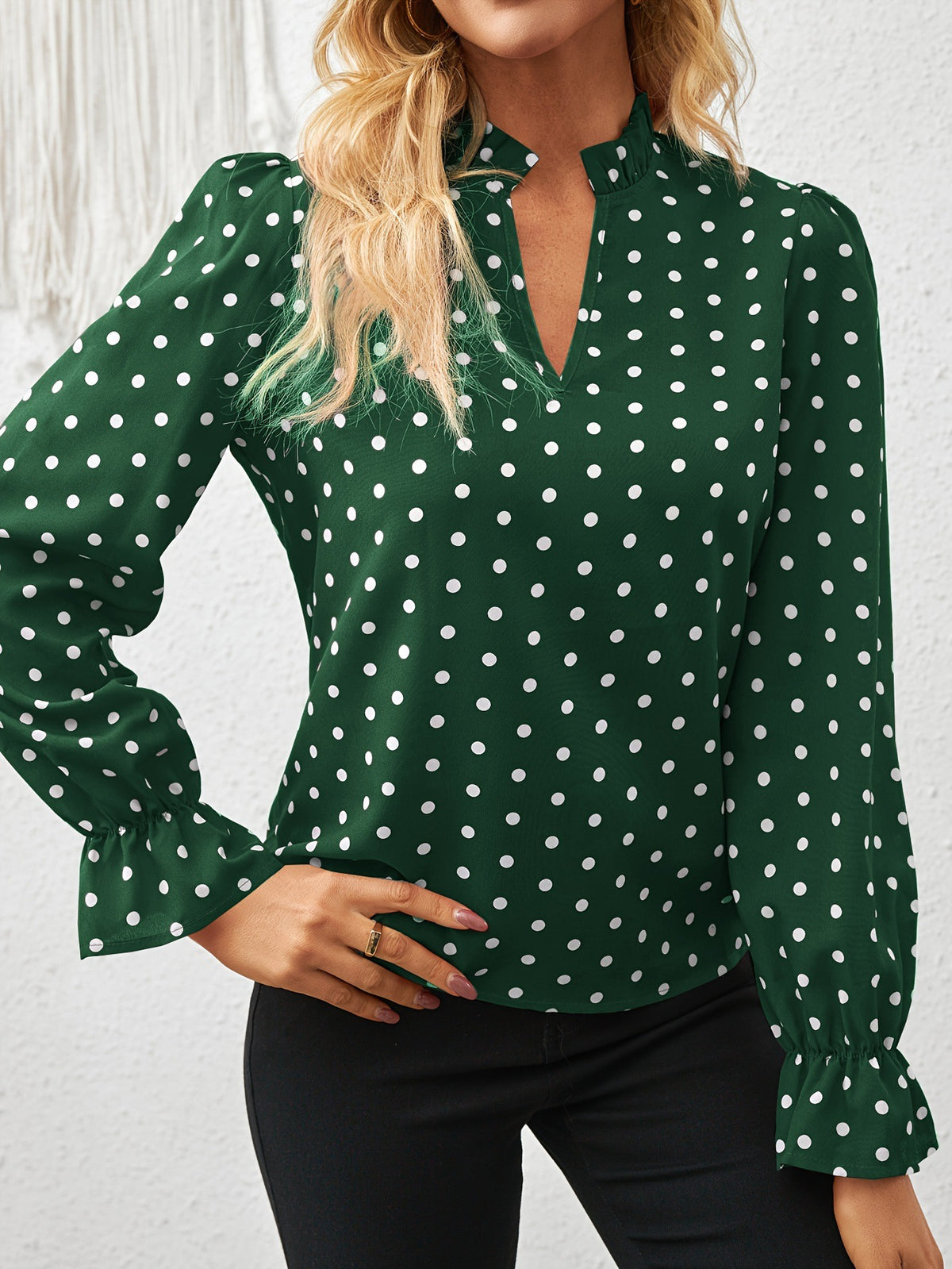 Women's Polka Dot V-Neck Bell Sleeve Casual Blouse