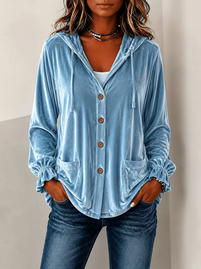 Women's Velvet Hooded Button Down Jacket