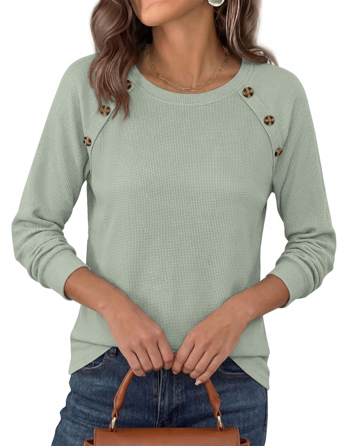 Waffle Knit Button Henley Top Crew Neck Long Sleeve Tee