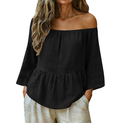 Linen Off Shoulder Blouse Relaxed Fit Boho Top
