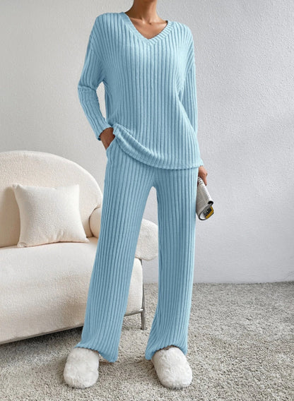 Women's Ribbed Knit V Neck Lounge Set Straight Leg Pants