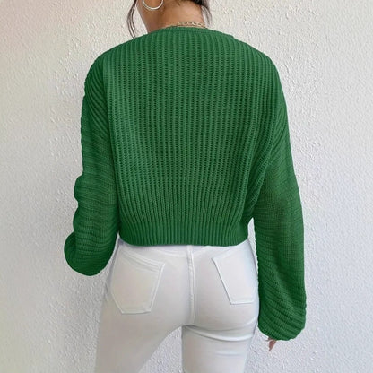 V-Neck Balloon Sleeve Oversized Knit Pullover Sweater