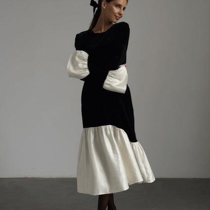 Women's Colorblock Flare Sleeve Maxi Dress Loose Fit