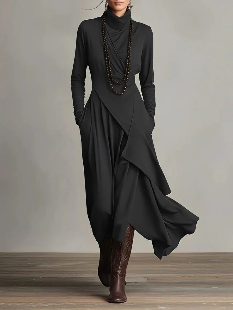 Long Sleeve Mock Neck Knit Draped Maxi Dress