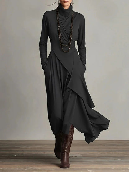 Long Sleeve Mock Neck Knit Draped Maxi Dress