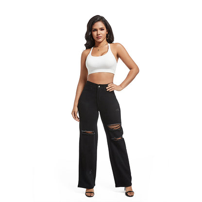Ripped Denim Wide Leg Pants High Waist Casual Jeans