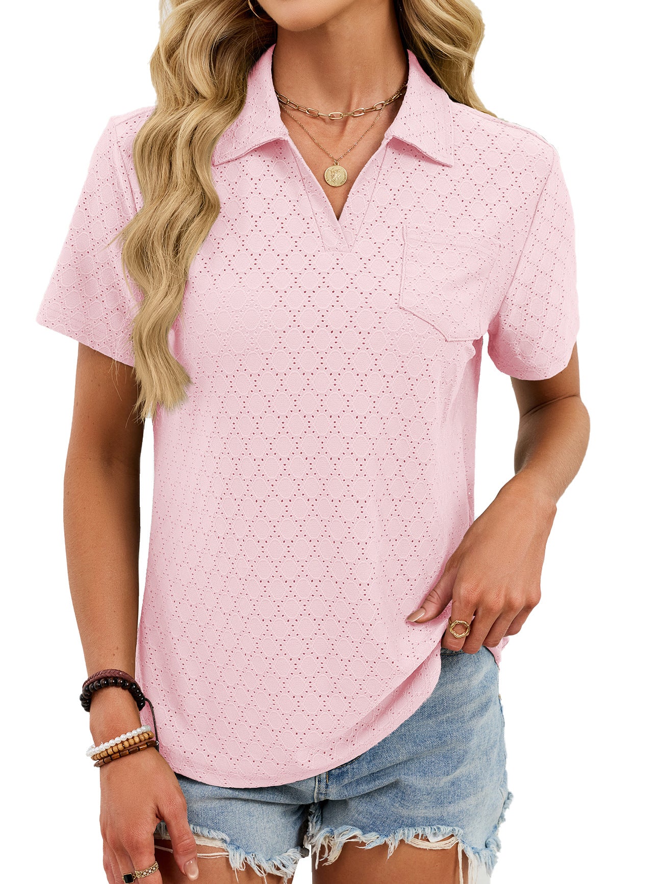 V Neck Polo Shirt Textured Knit Pocket Casual Top