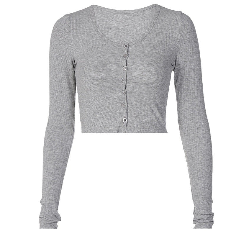 Women's Ribbed Button Front Crop Top Long Sleeve Fitted