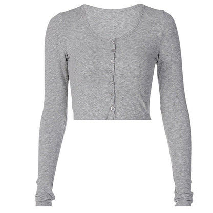 Women's Ribbed Button Front Crop Top Long Sleeve Fitted