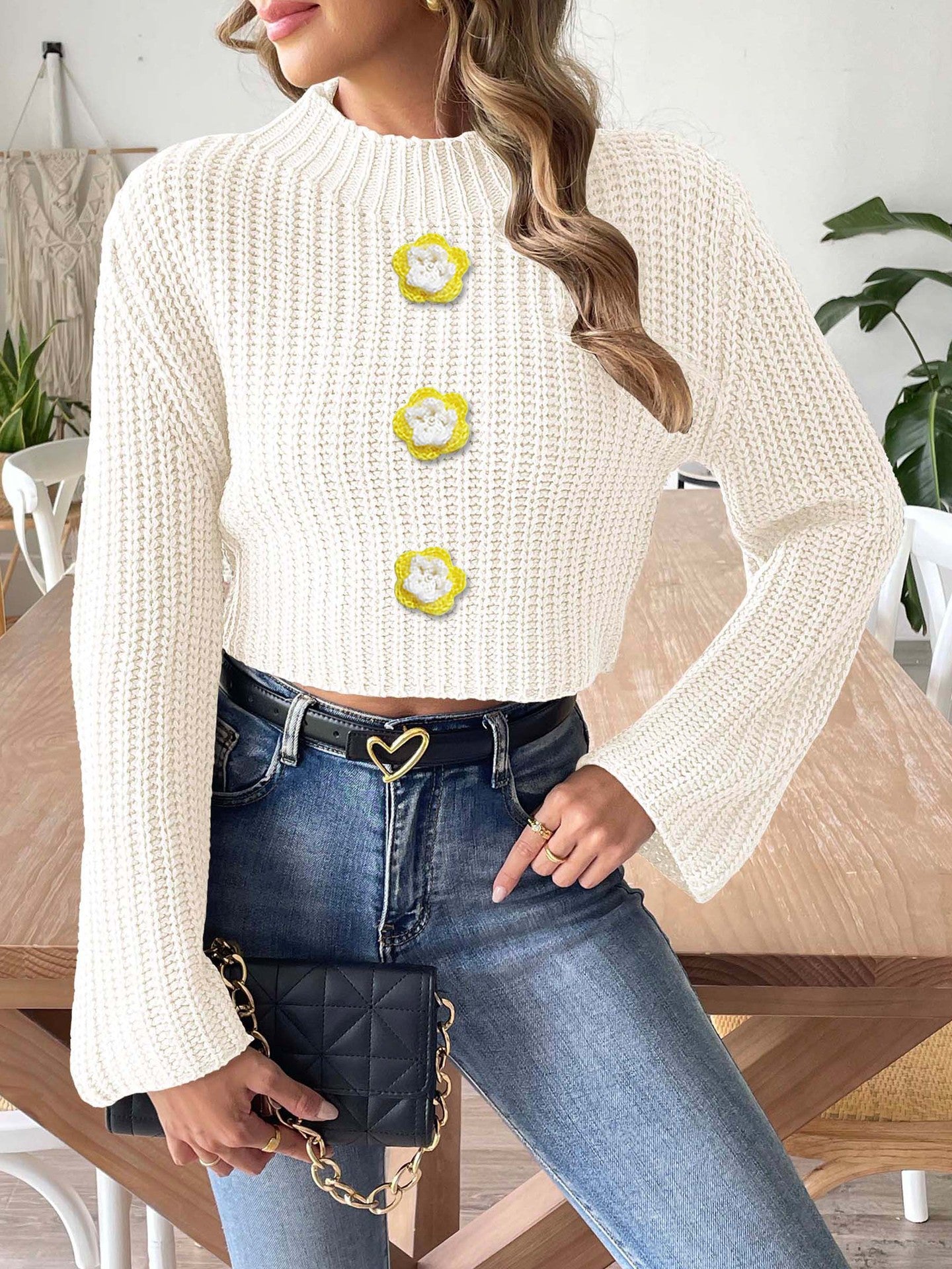 Women's Short Outcrop Top Flared Sleeve Semi-Turtleneck Sweater