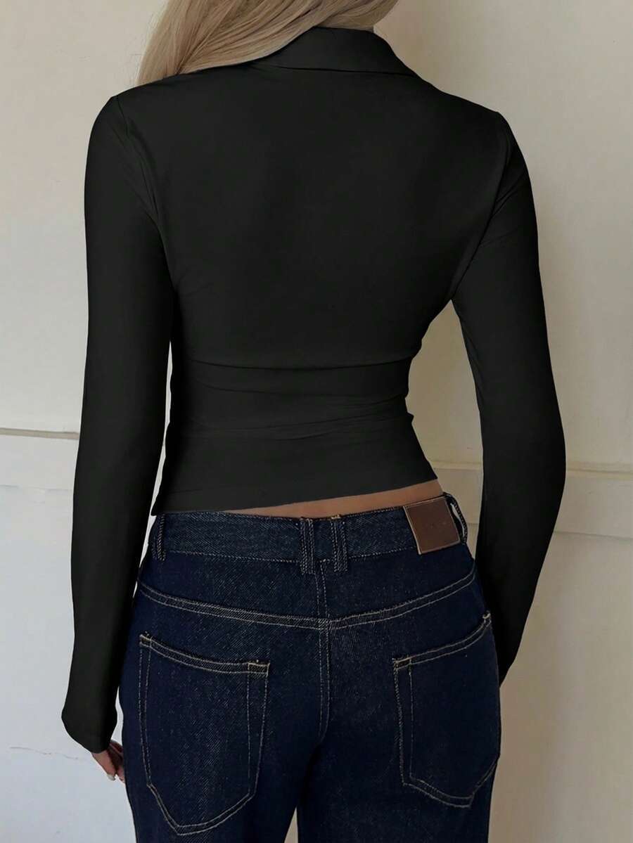 Ruched Button Front Collared Fitted Long Sleeve Blouse