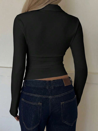 Ruched Button Front Collared Fitted Long Sleeve Blouse