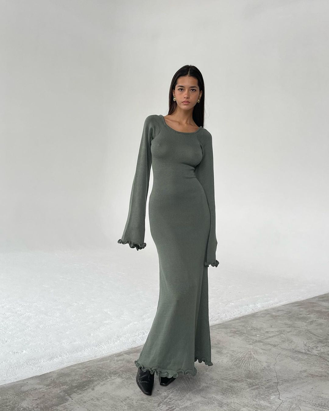 Backless Tie Back Knit Maxi Dress Long Ruffle Sleeve