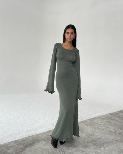 Backless Tie Back Knit Maxi Dress Long Ruffle Sleeve