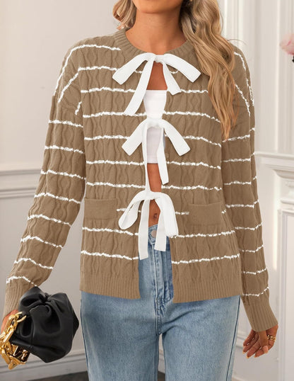Women's Striped Bow Tie Front Cardigan Sweater