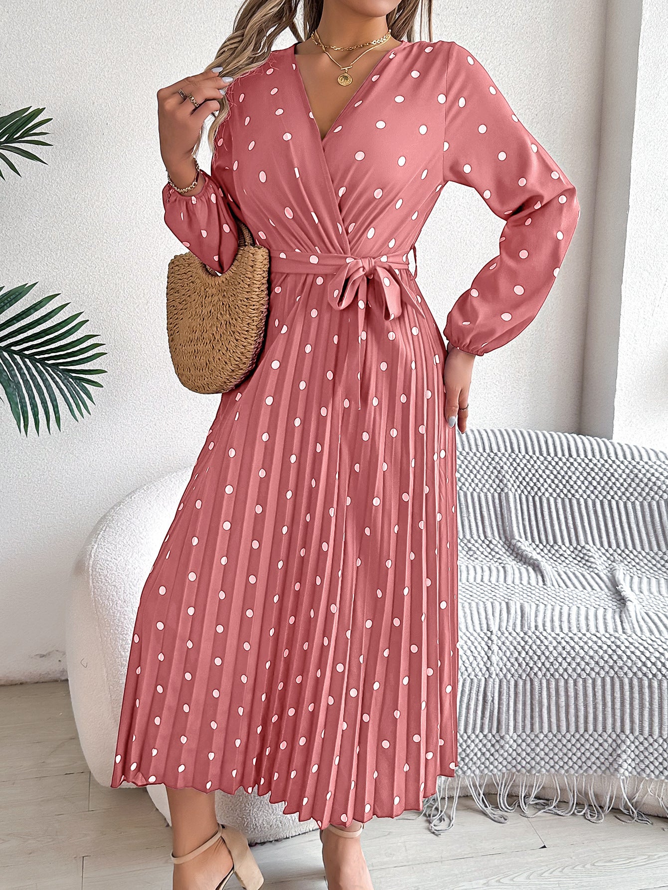 Elegant Polka Dot Cross-Over V-Neck Pleated Midi Dress