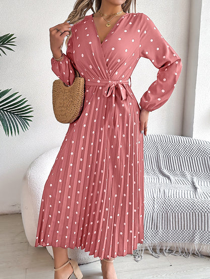 Elegant Polka Dot Cross-Over V-Neck Pleated Midi Dress