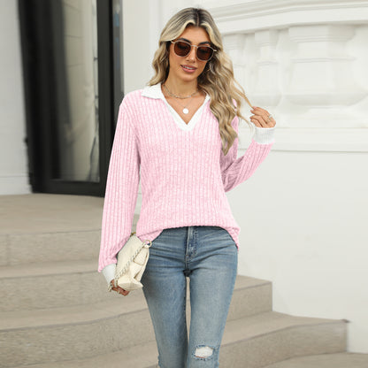 Women's Oversized Contrast Collar V Neck Long Sleeve Top