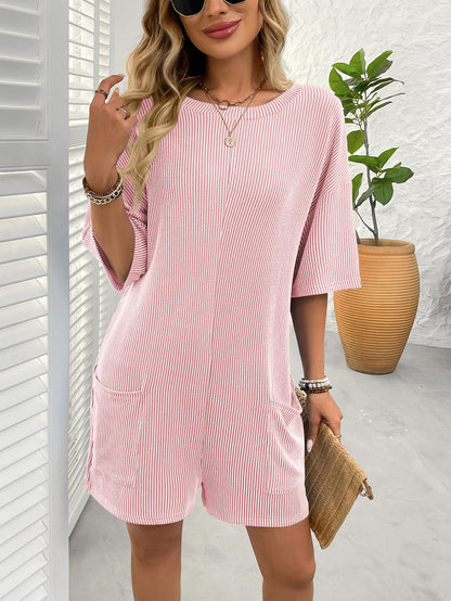 Loose Pocket Back V-Neck Short-Sleeve Jumpsuit