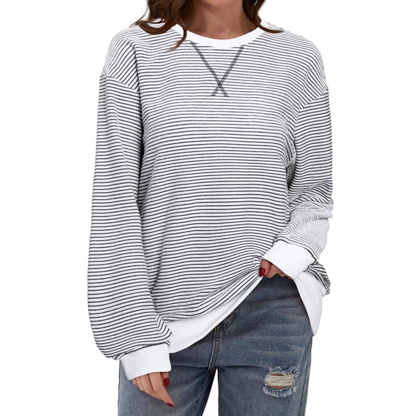 Women's Striped Oversized Color Block Long Sleeve Top