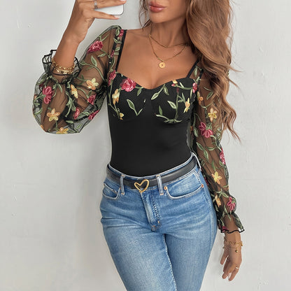 Floral Embroidered Mesh Bodysuit Sheer Sleeve Top