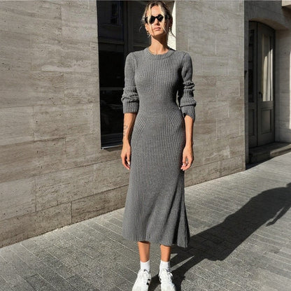 Women's Ribbed Knit Long Sleeve Midi Dress