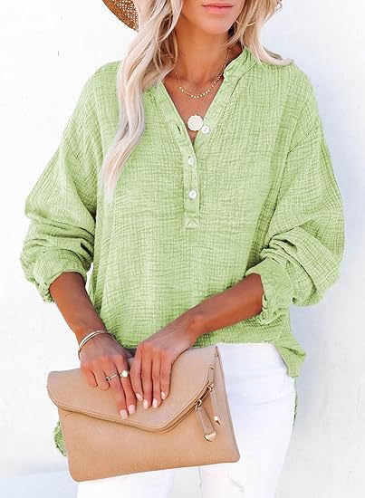 Cotton Gauze Henley Long Sleeve Relaxed Fit Top