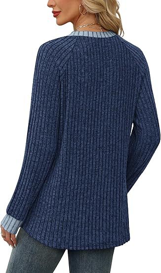 Women's Soft Ribbed Contrast Trim Long Sleeve Crew Neck Top