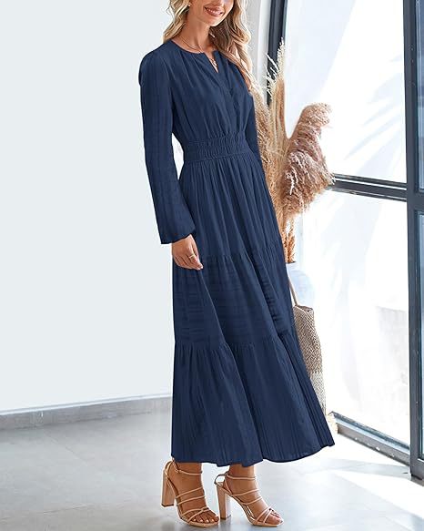 Women's V-Neck Long Sleeve Tiered Maxi Smocked Cotton Dress