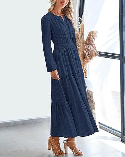 Women's V-Neck Long Sleeve Tiered Maxi Smocked Cotton Dress