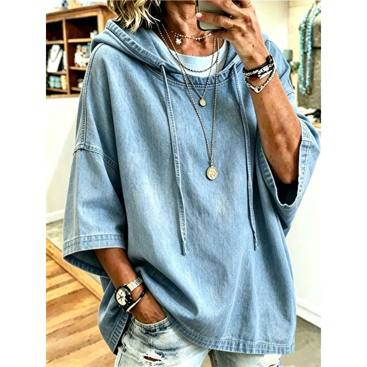 Women's Oversized Denim Hoodie Batwing Sleeve Top