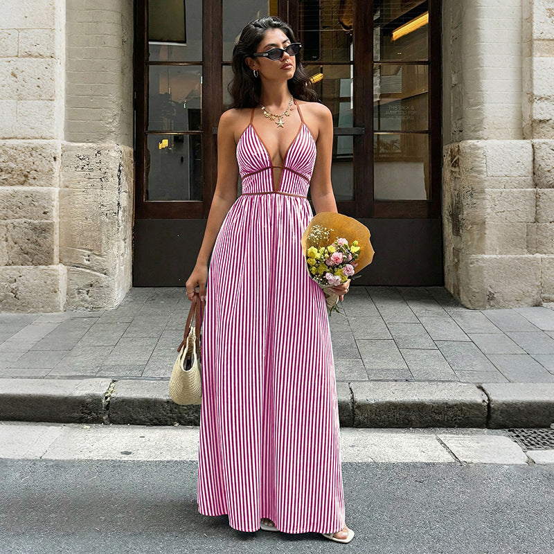 Striped Halter Backless Maxi Dress Deep V Resort Dress