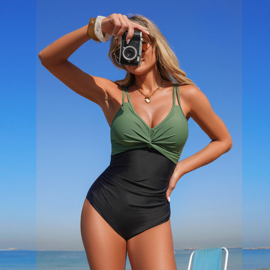 Color Block One Piece Swimsuit Tummy Control Bikini
