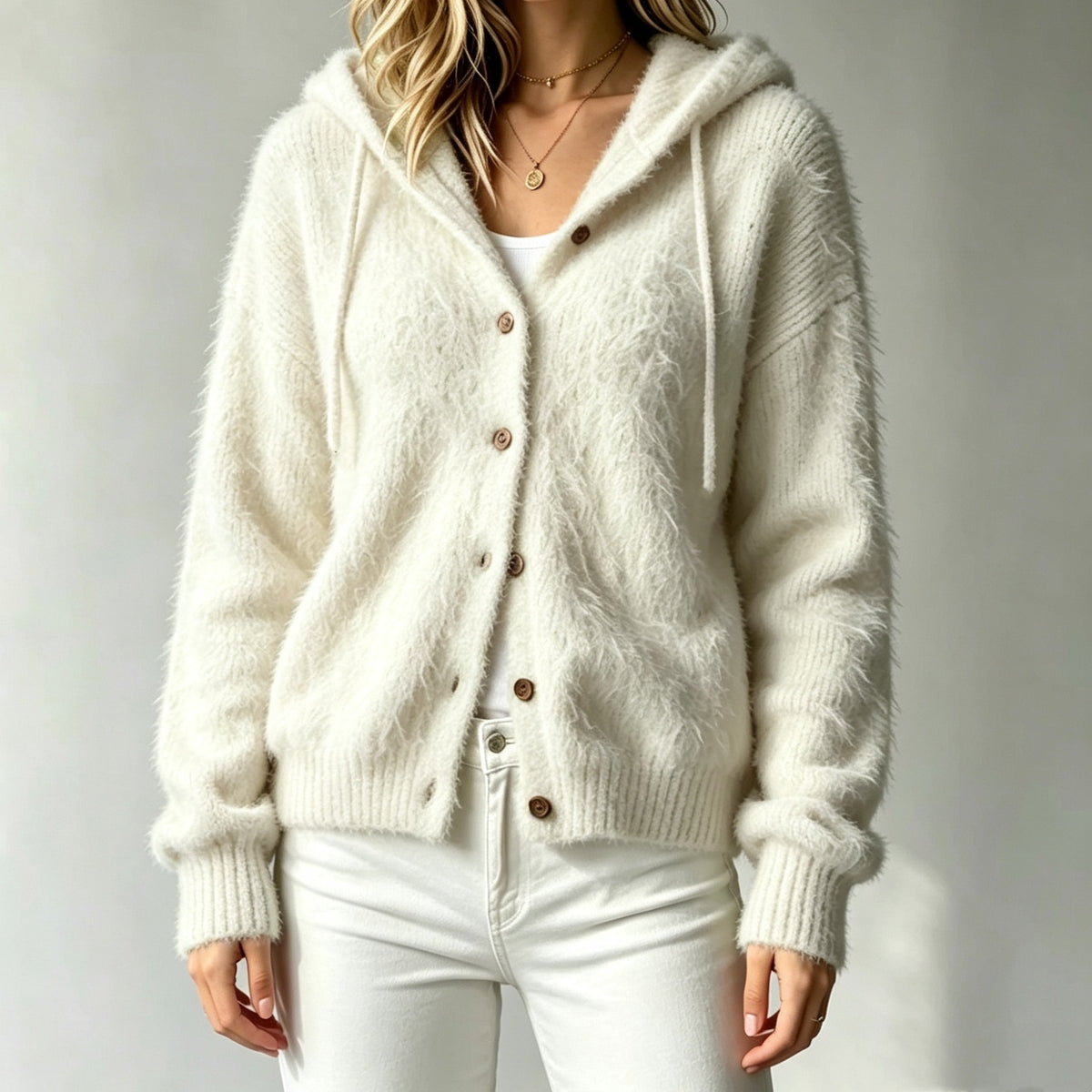 Women's Fuzzy Hooded Cardigan Button Up Soft Sweater