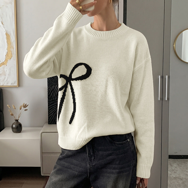 Bow Graphic Knit Sweater Oversized Crewneck Pullover