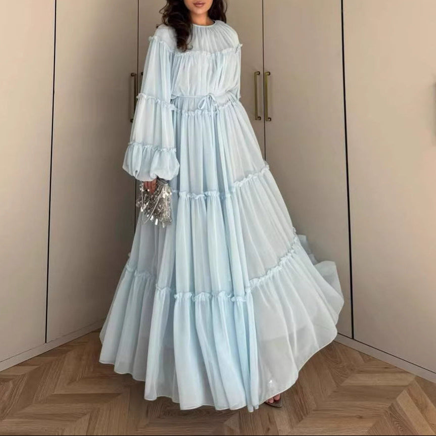 Long Puff Sleeve Tiered Maxi Dress Tie Waist