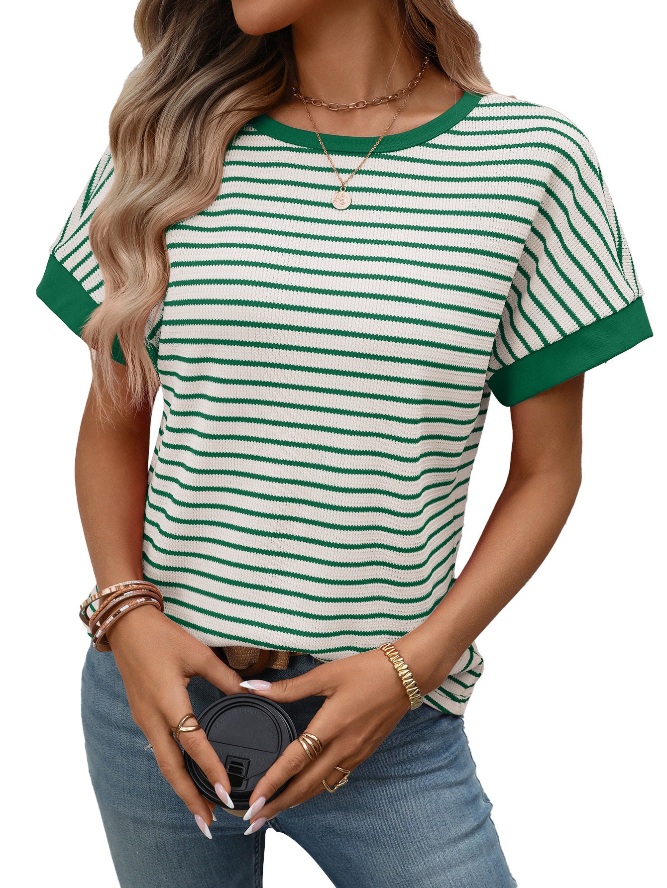 Striped Colorblock Short Sleeve Knit Tee for Women
