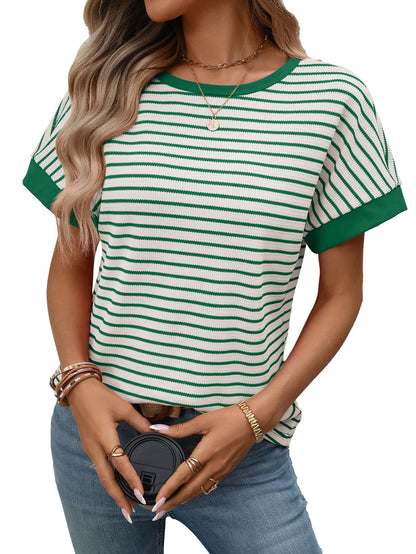 Striped Colorblock Short Sleeve Knit Tee for Women