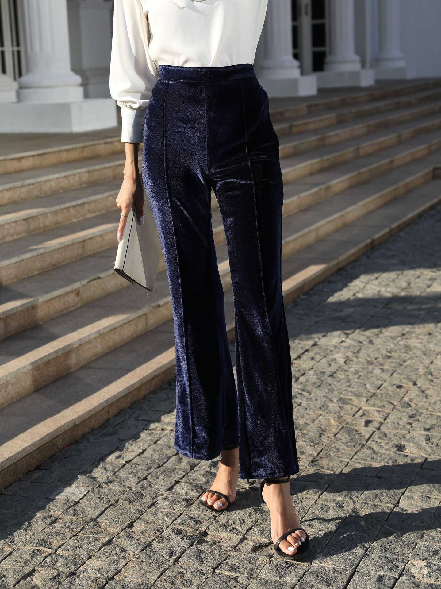 High Waist Velvet Flare Pants Textured Casual Trousers