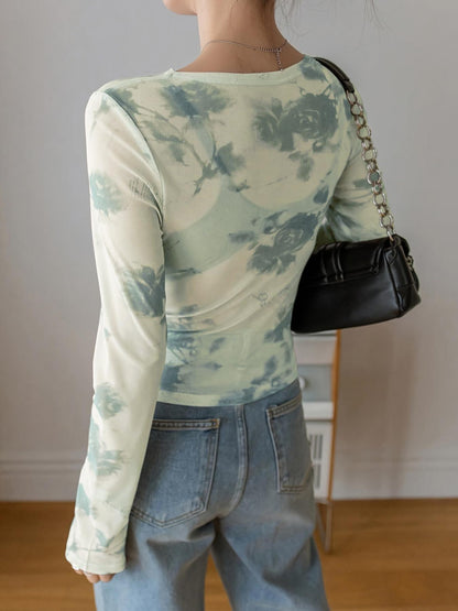 Floral Mesh Ruched Long Sleeve Crop Top