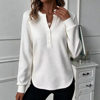 Women's Waffle Knit Henley Long Sleeve Curved Hem Top