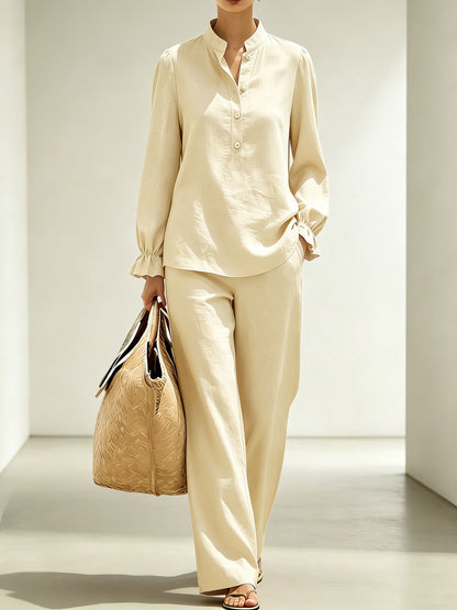 Women's Puff Sleeve Blouse Wide Leg Pants Matching Set
