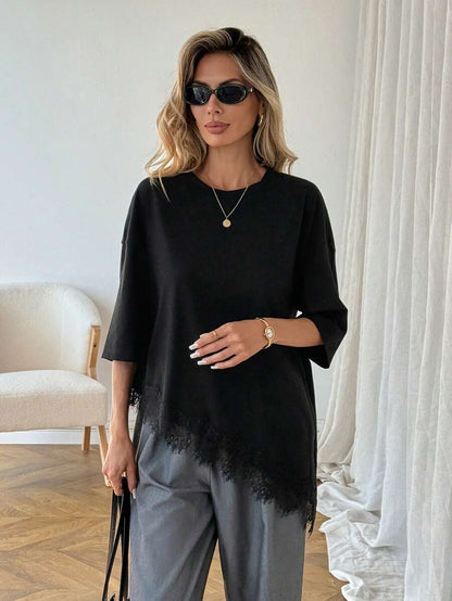 Lace Trim T Shirt Loose Fit Short Sleeve Top